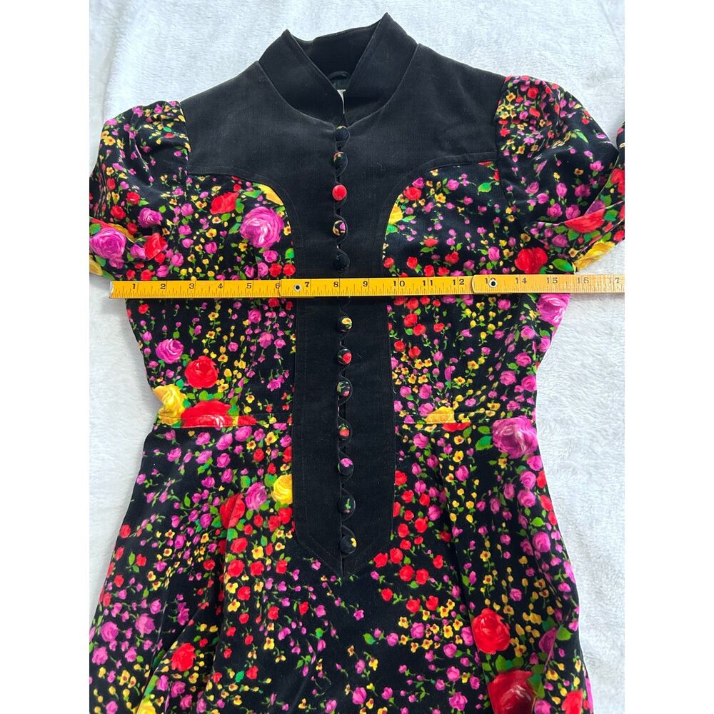 Vintage 70s Orphee Paris Floral Velvet Mini Dress XS Black French Mod Psych - Picture 14 of 16
